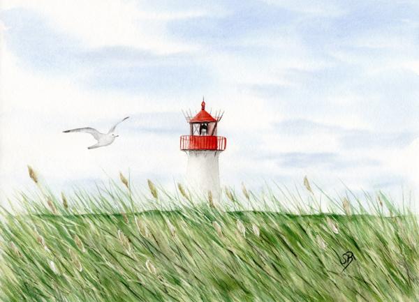 Postkarte DIN-A6  Aquarell Kunst Maritim Druck Kunstdruck Leuchtturm List Sylt Nordsee Meer Strand Dünen
